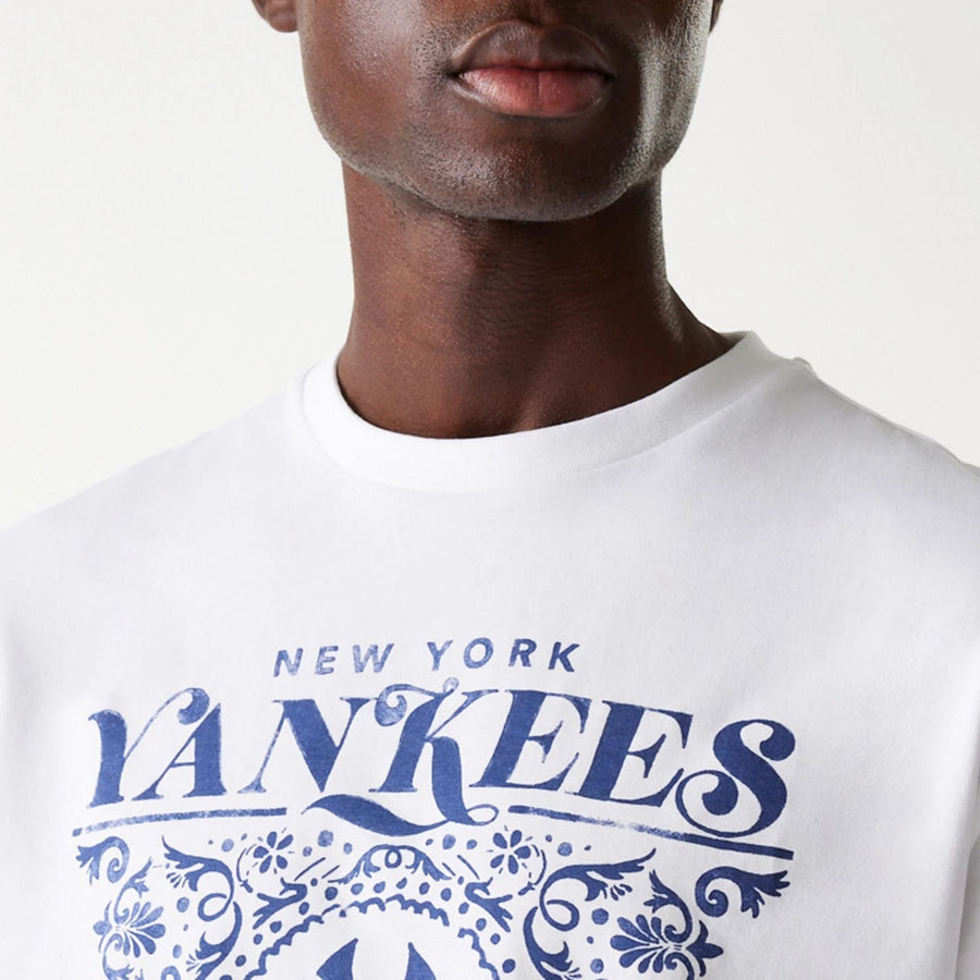 The Male model is wearing New York Yankees MLB Floral Graphic White Oversized T-Shirt 6