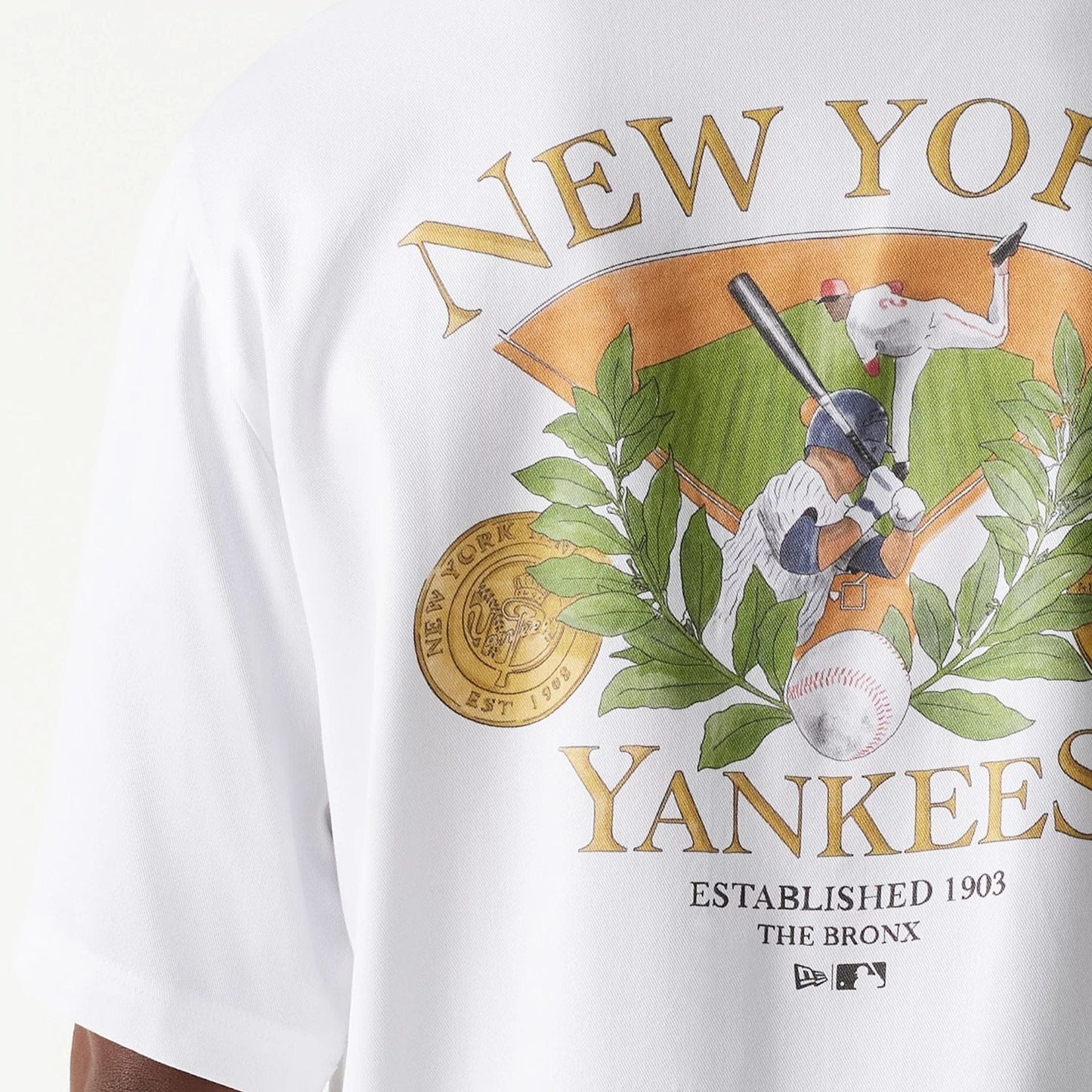 The Male model is wearing New York Yankees MLB Graphic White Revere Short Sleeve Shirt 5