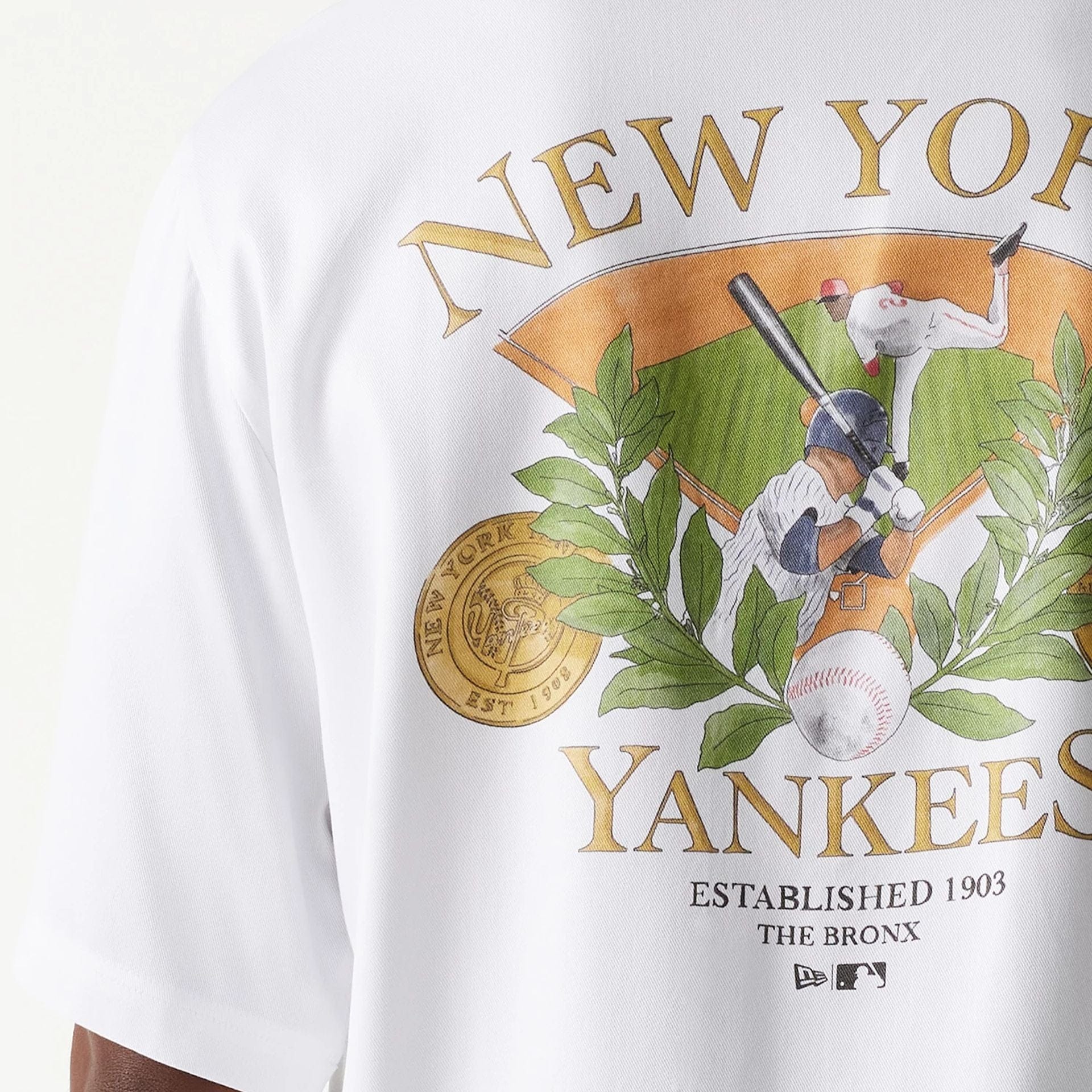 The Male model is wearing New York Yankees MLB Graphic White Revere Short Sleeve Shirt 5