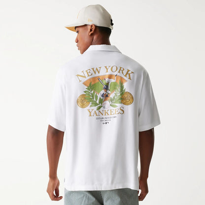 The Male model is wearing New York Yankees MLB Graphic White Revere Short Sleeve Shirt 3