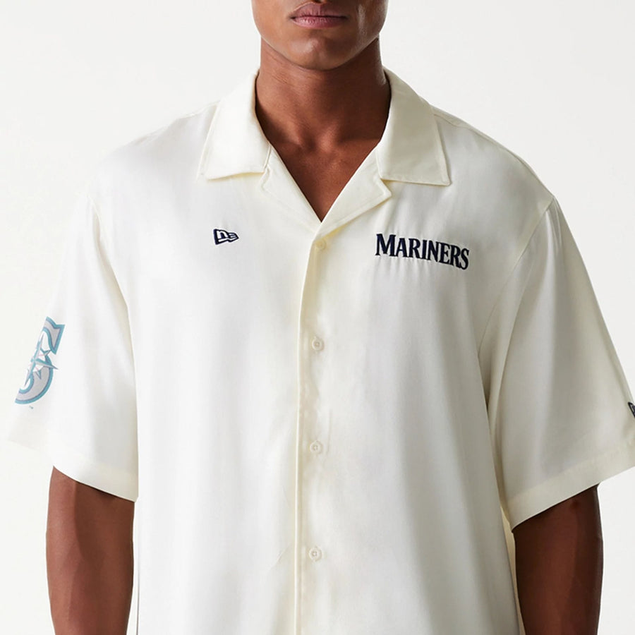 The Male model is wearing Seattle Mariners MLB Graphic Open White Revere Short Sleeve Shirt 3