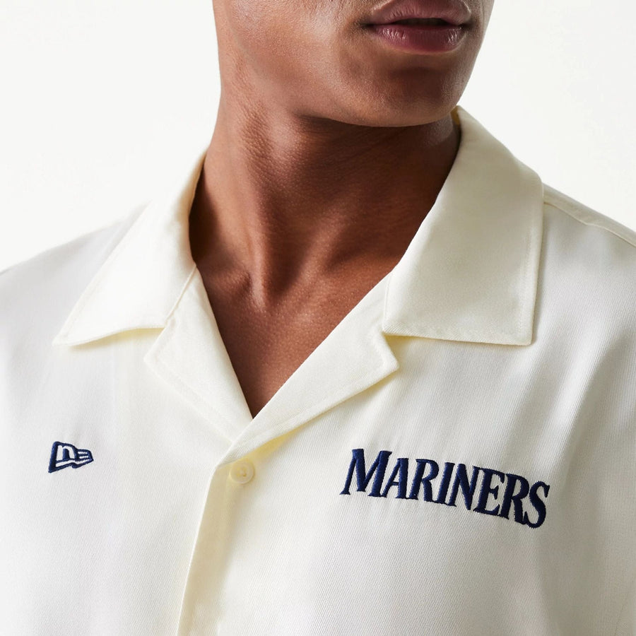 The Male model is wearing Seattle Mariners MLB Graphic Open White Revere Short Sleeve Shirt 5