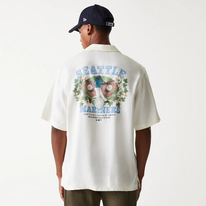 The Male model is wearing Seattle Mariners MLB Graphic Open White Revere Short Sleeve Shirt 2