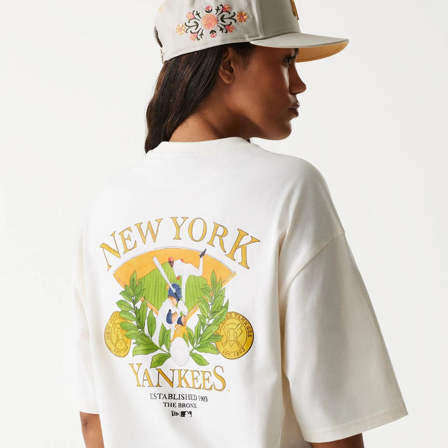 The Male model is wearing New York Yankees MLB Baseball Graphic Open White Oversized T-Shirt 5