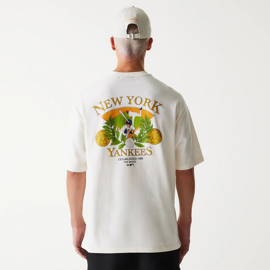 The Male model is wearing New York Yankees MLB Baseball Graphic Open White Oversized T-Shirt 3
