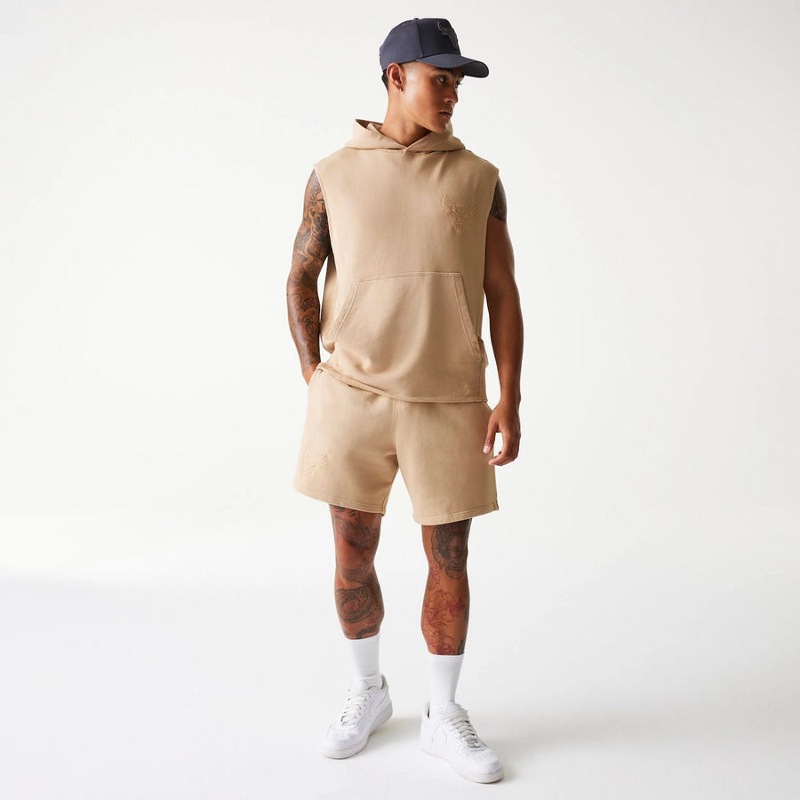 The Male model is wearing Chicago Bulls NBA Washed Beige Sleeveless Hoodie 8