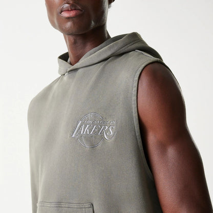 The Male model is wearing LA Lakers NBA Washed Grey Sleeveless Hoodie 4