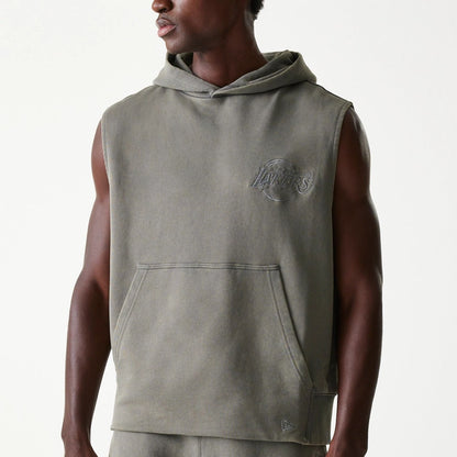 The Male model is wearing LA Lakers NBA Washed Grey Sleeveless Hoodie 6