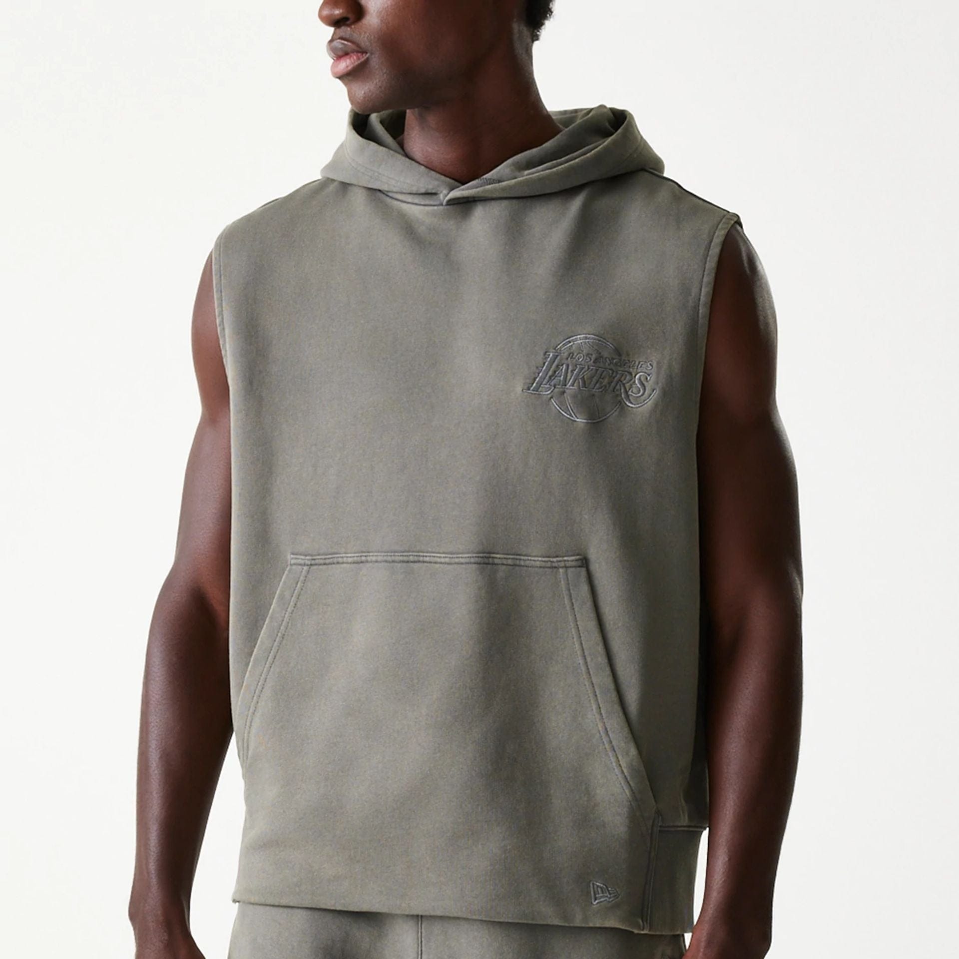 The Male model is wearing LA Lakers NBA Washed Grey Sleeveless Hoodie 6