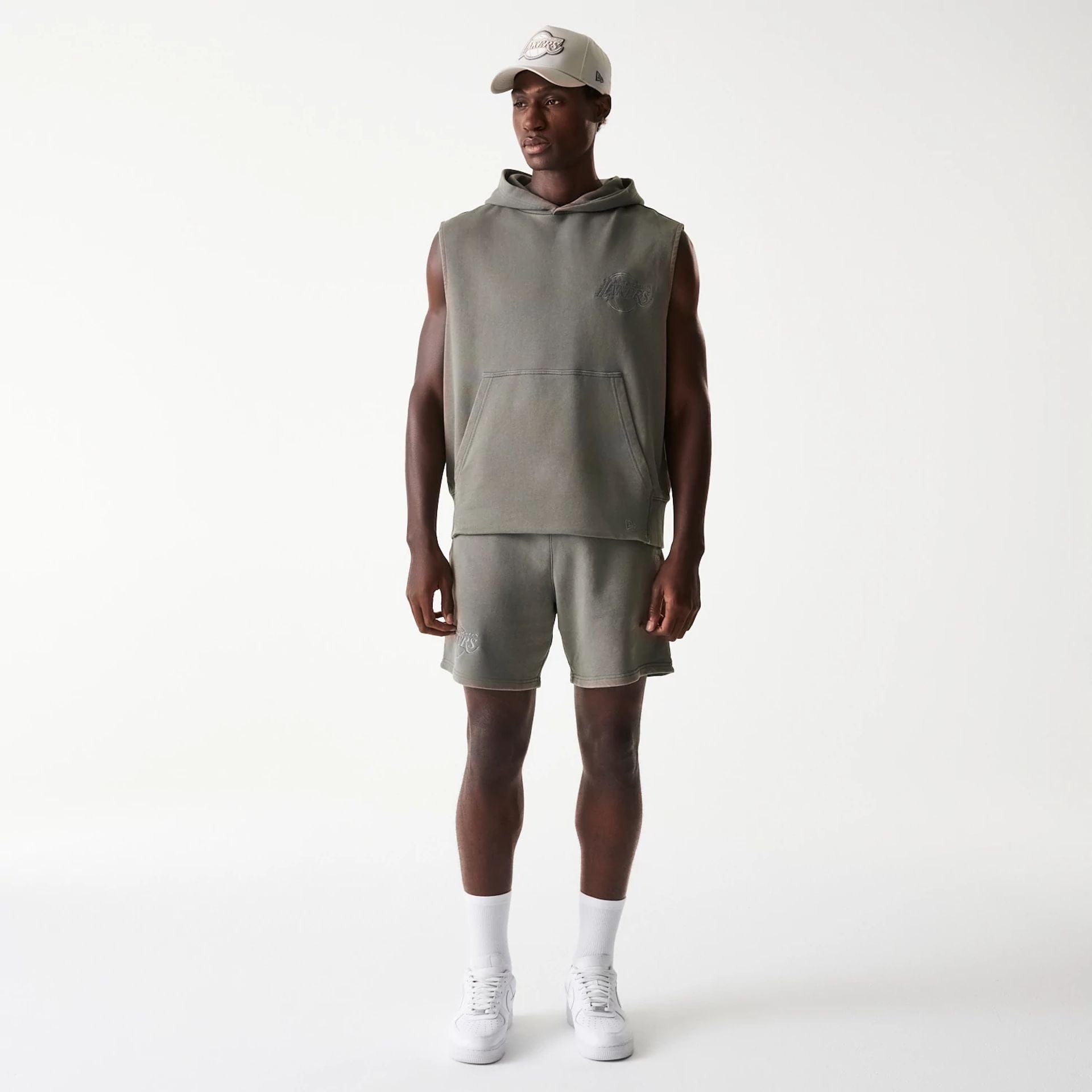 The Male model is wearing LA Lakers NBA Washed Grey Sleeveless Hoodie 8