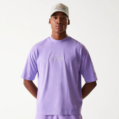 The Male model is wearing LA Lakers NBA Washed Purple Box T-Shirt 2