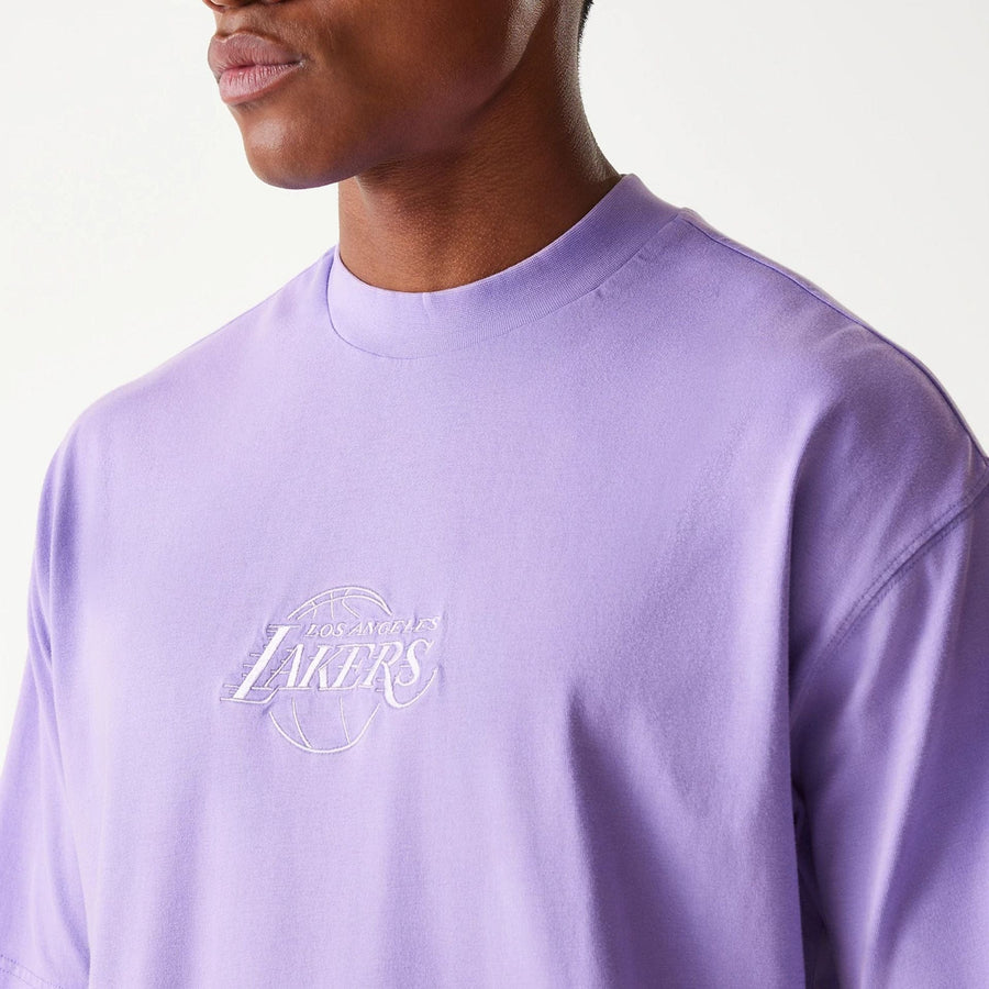 The Male model is wearing LA Lakers NBA Washed Purple Box T-Shirt 6