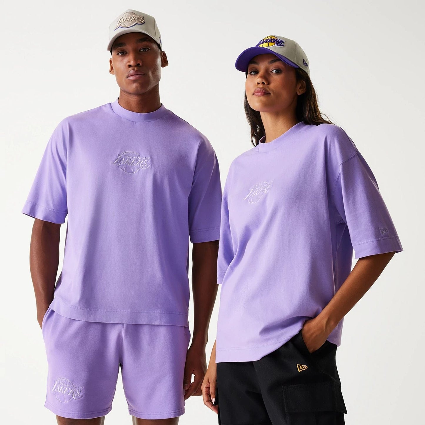 The Male model is wearing LA Lakers NBA Washed Purple Box T-Shirt 1