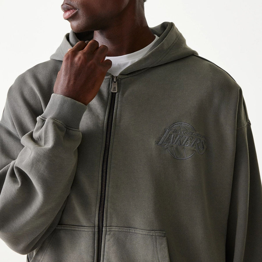 The Male model is wearing LA Lakers NBA Washed Grey Full Zip Hoodie 4