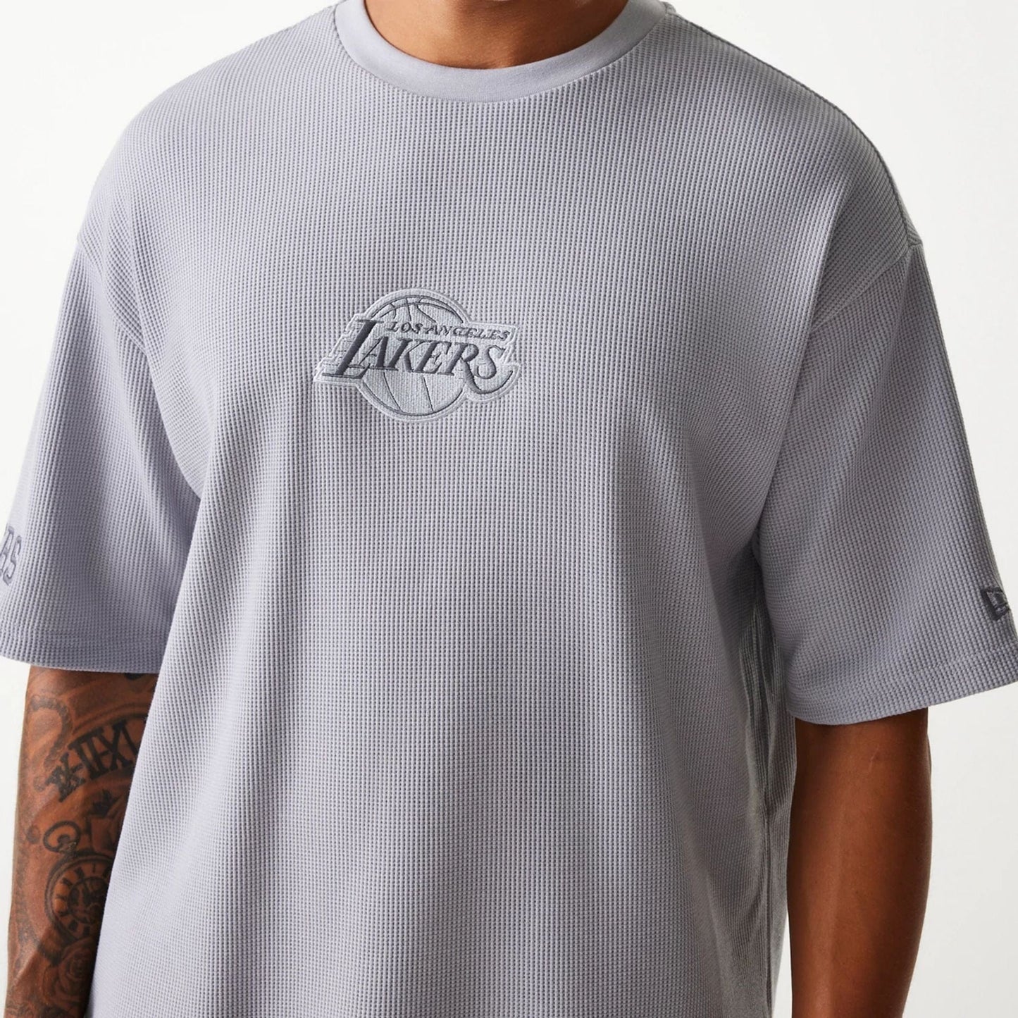 The Male model is wearing LA Lakers NBA Waffle Grey Oversized T-Shirt 3