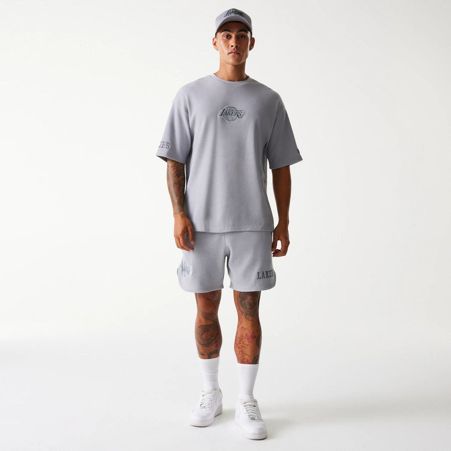 The Male model is wearing LA Lakers NBA Waffle Grey Oversized T-Shirt 8