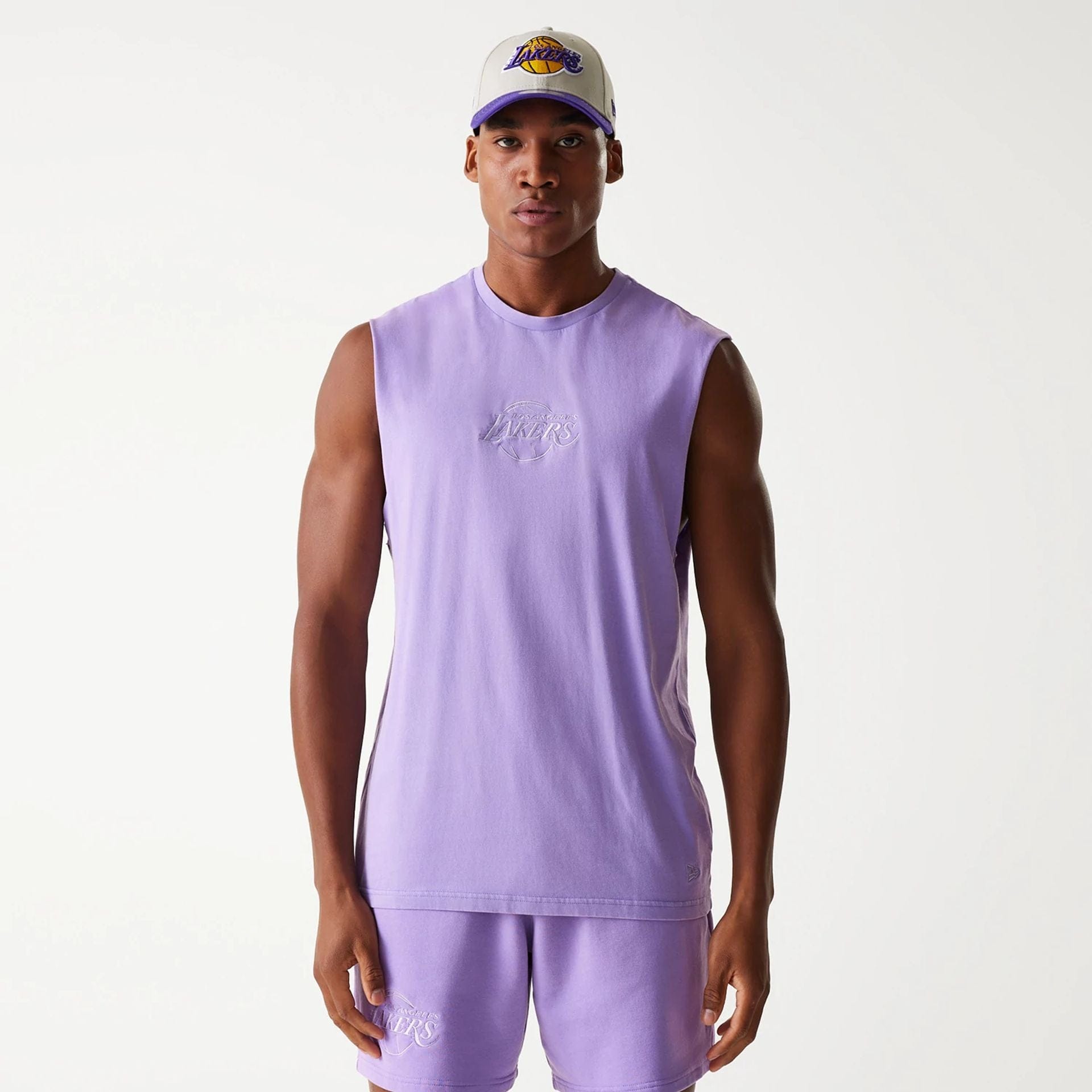The Male model is wearing LA Lakers NBA Washed Purple Sleeveless T-Shirt 1