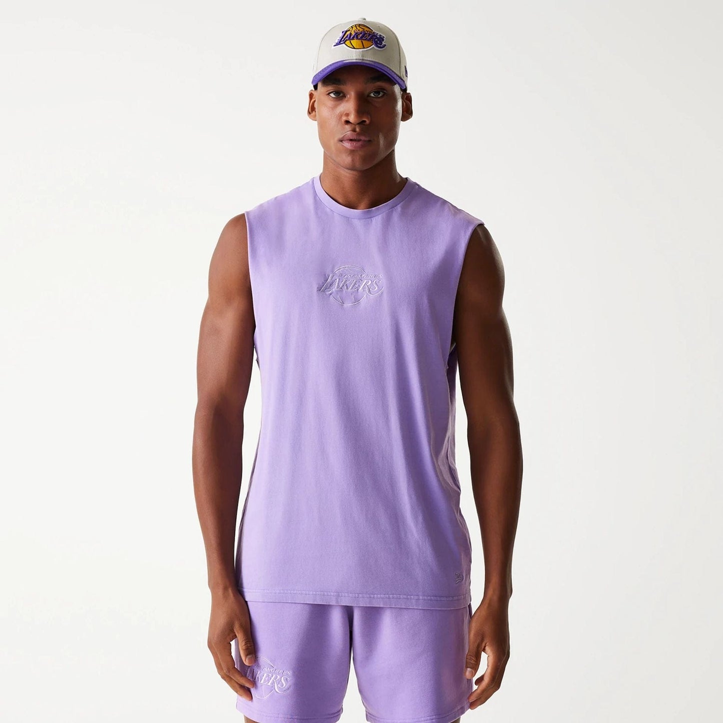 The Male model is wearing LA Lakers NBA Washed Purple Sleeveless T-Shirt 1