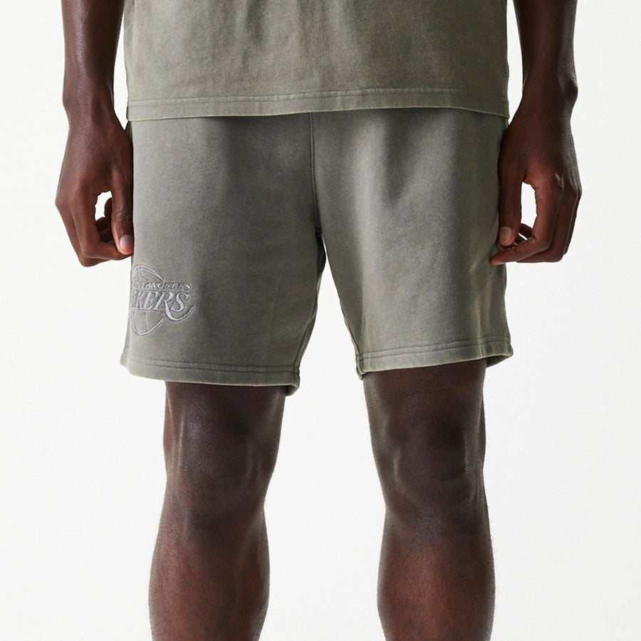 The Male model is wearing LA Lakers NBA Washed Grey Shorts 3