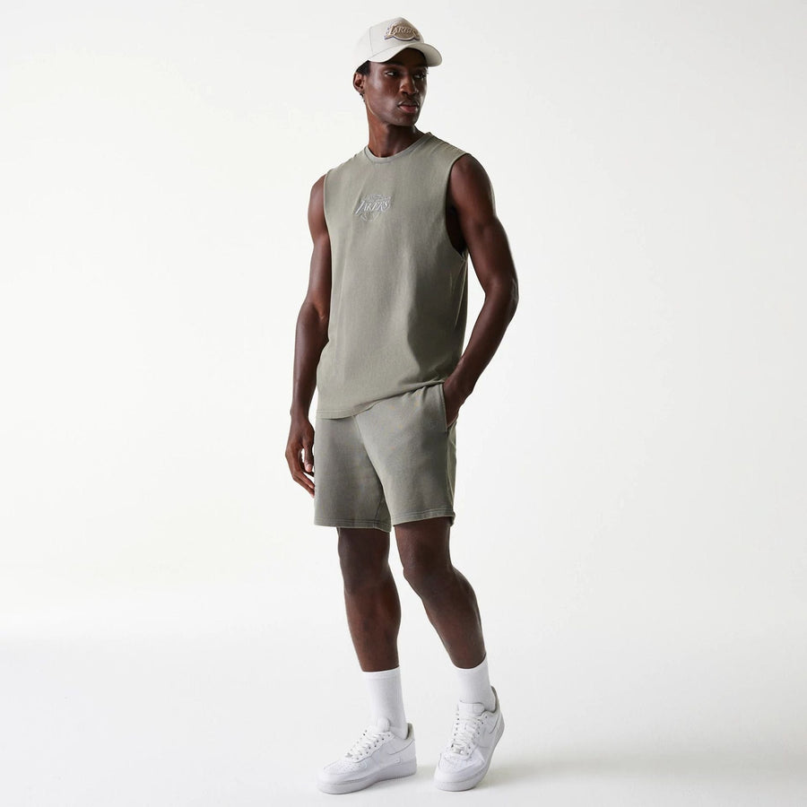 The Male model is wearing LA Lakers NBA Washed Grey Shorts 8