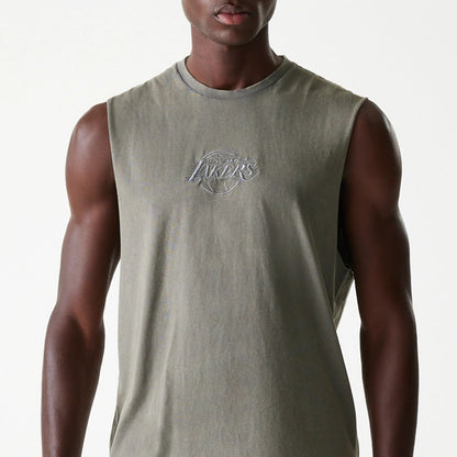 The Male model is wearing LA Lakers NBA Washed Grey Sleeveless T-Shirt 4