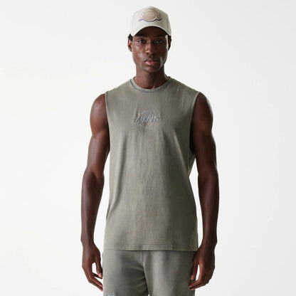 The Male model is wearing LA Lakers NBA Washed Grey Sleeveless T-Shirt 1