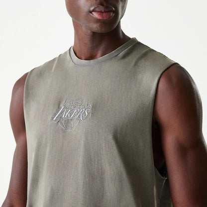 The Male model is wearing LA Lakers NBA Washed Grey Sleeveless T-Shirt 3