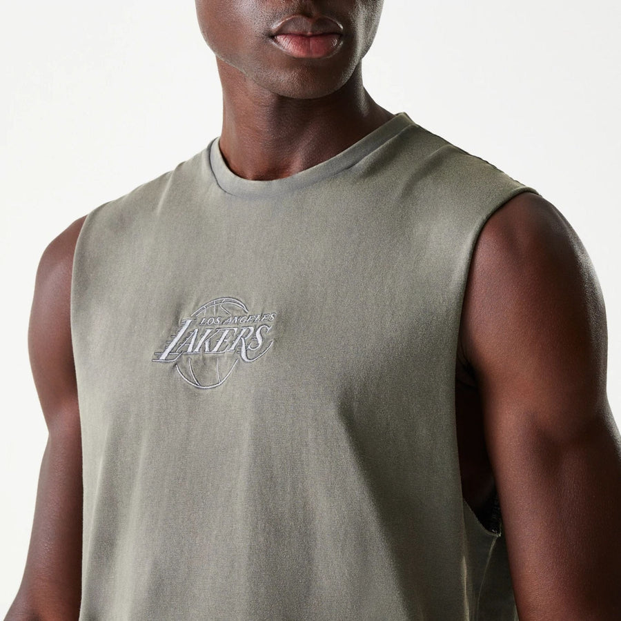 The Male model is wearing LA Lakers NBA Washed Grey Sleeveless T-Shirt 3