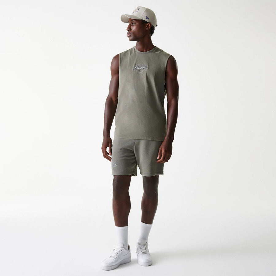 The Male model is wearing LA Lakers NBA Washed Grey Sleeveless T-Shirt 8