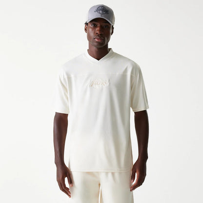 The Male model is wearing LA Lakers NBA Tonal Open White Mesh Jersey 1