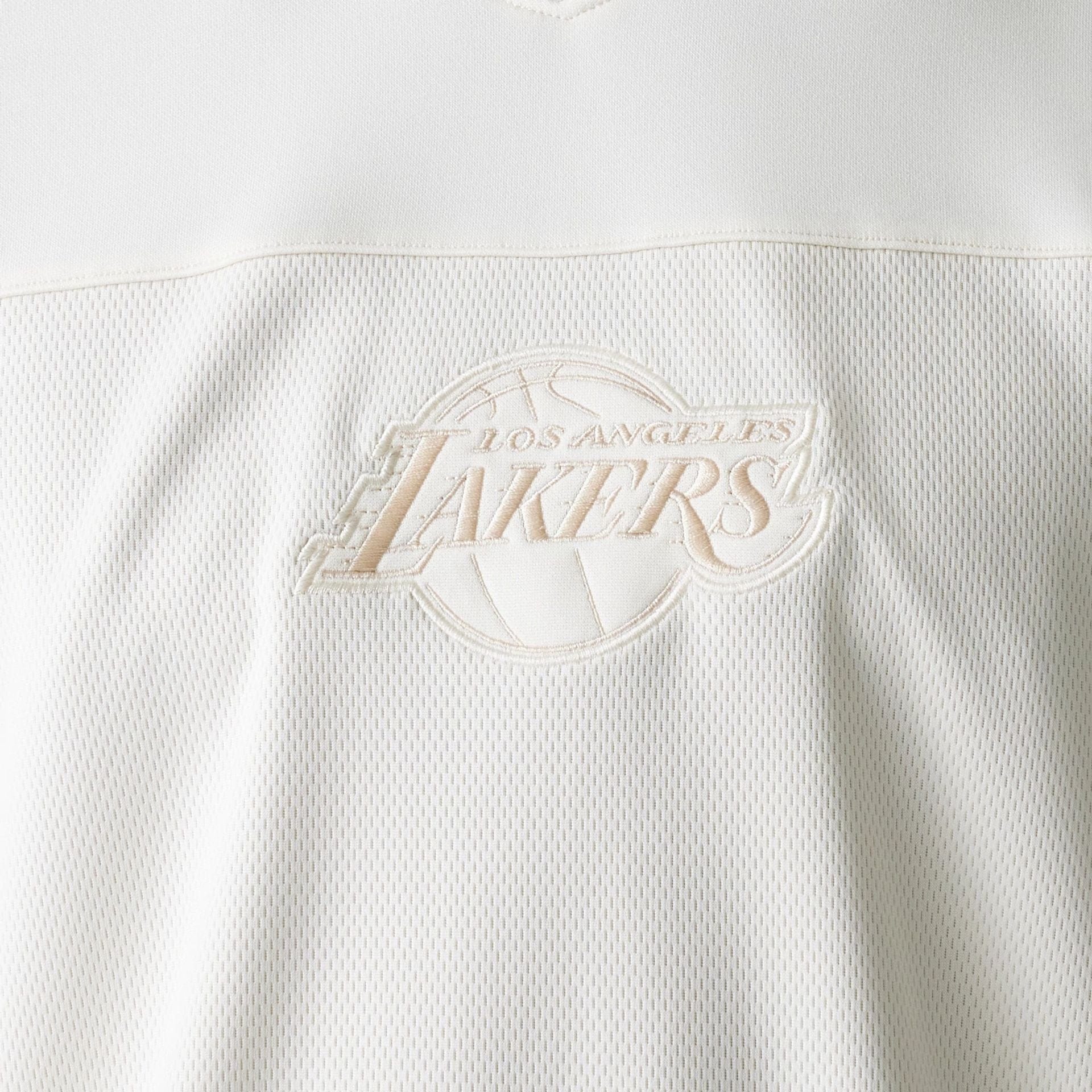 The Male model is wearing LA Lakers NBA Tonal Open White Mesh Jersey 6