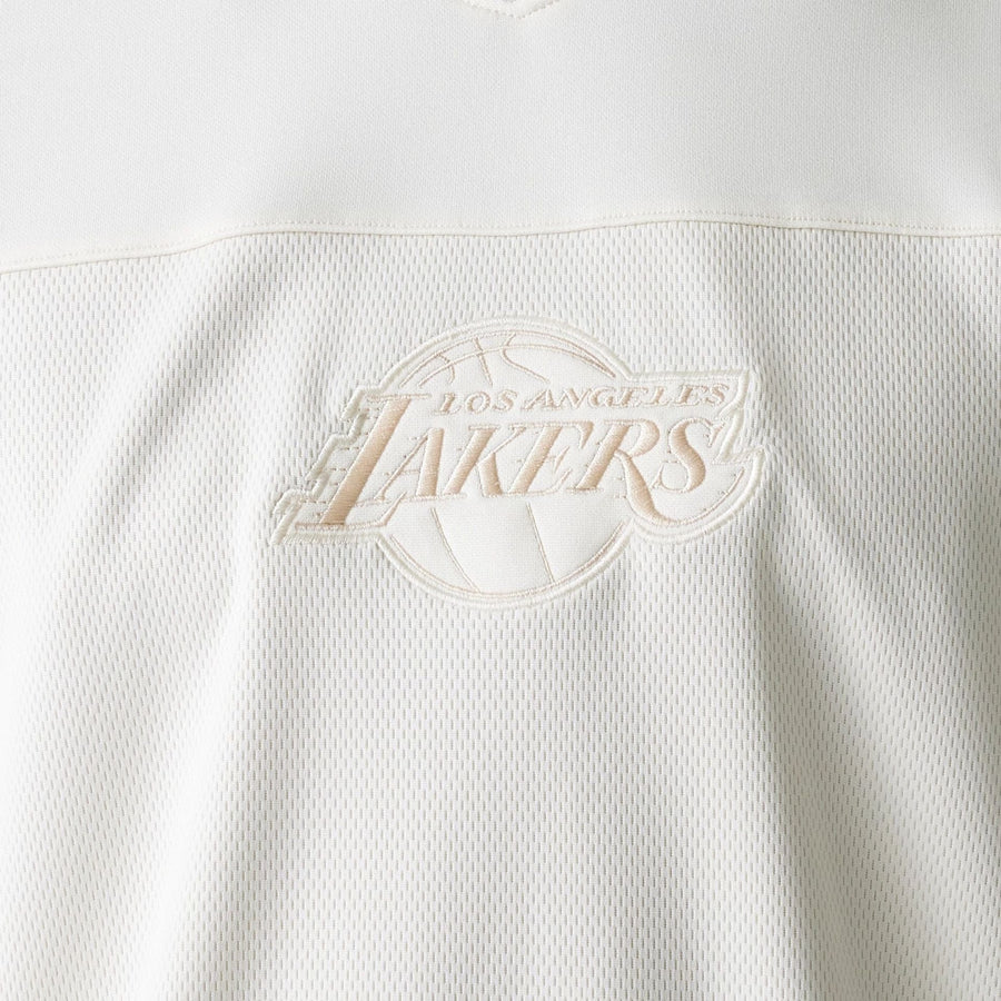 The Male model is wearing LA Lakers NBA Tonal Open White Mesh Jersey 6