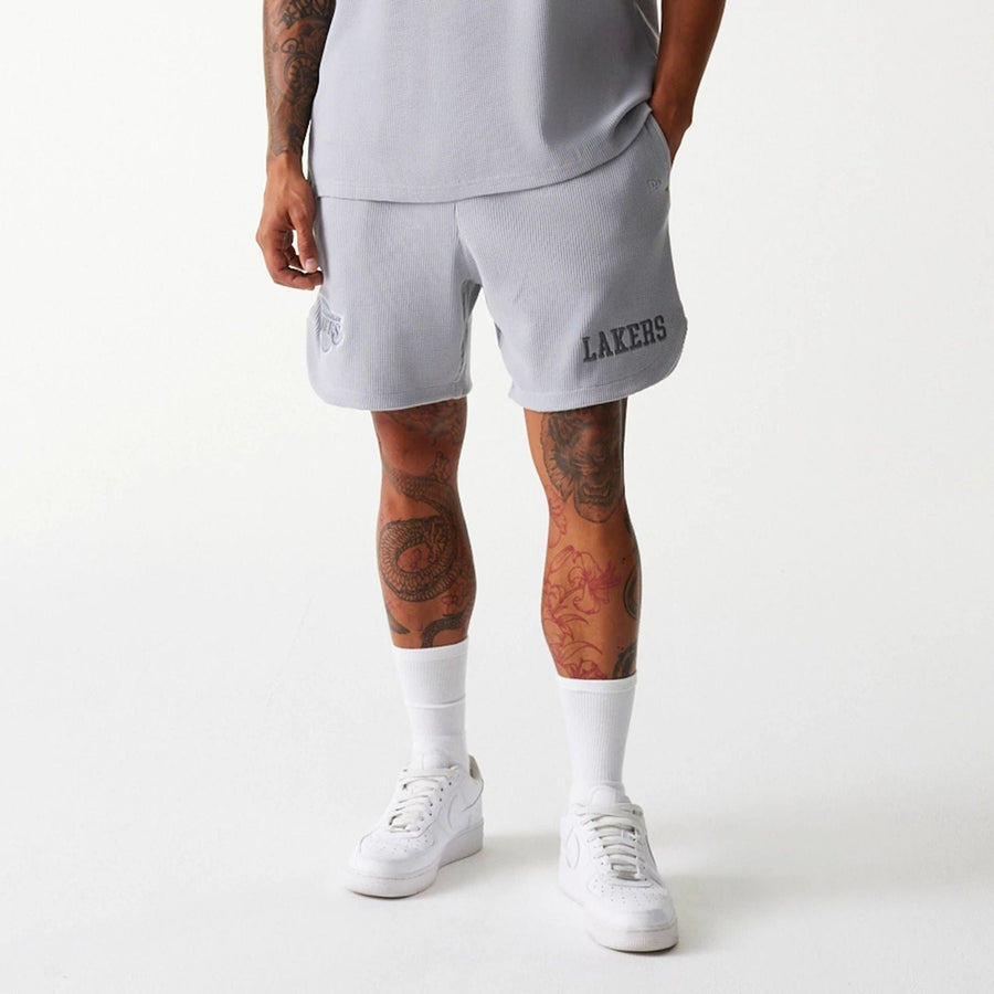 The Male model is wearing LA Lakers NBA Waffle Grey Shorts 7