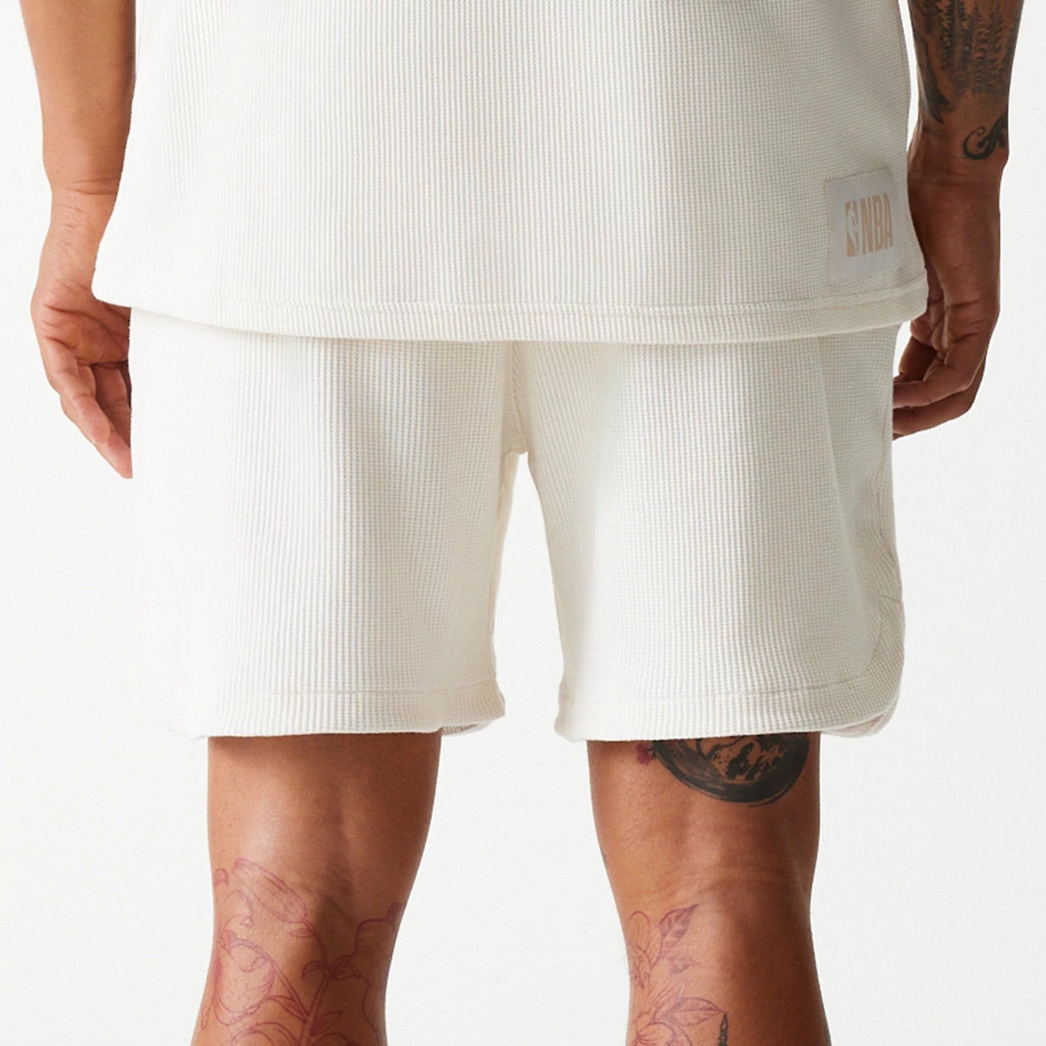 The Male model is wearing Boston Celtics NBA Waffle Open White Shorts 6