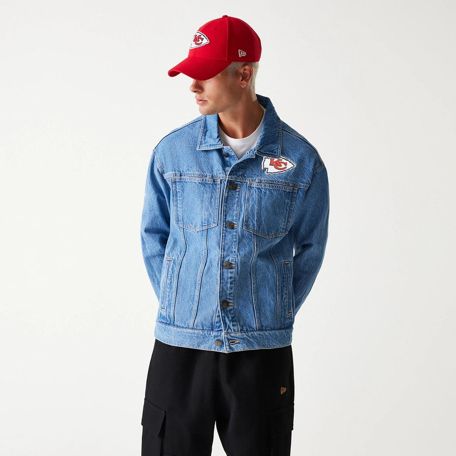 The Male model is wearing Kansas City Chiefs NFL Dark Blue Denim Jacket 2