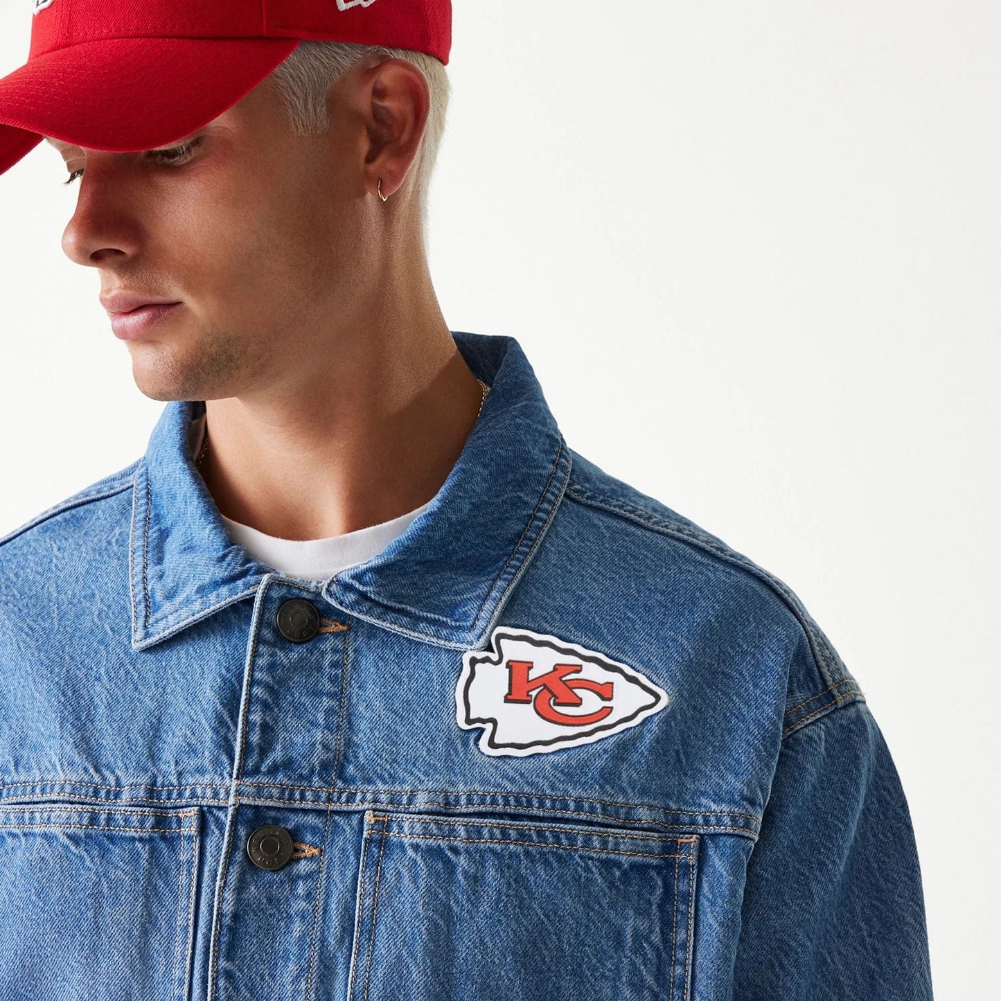 The Male model is wearing Kansas City Chiefs NFL Dark Blue Denim Jacket 6