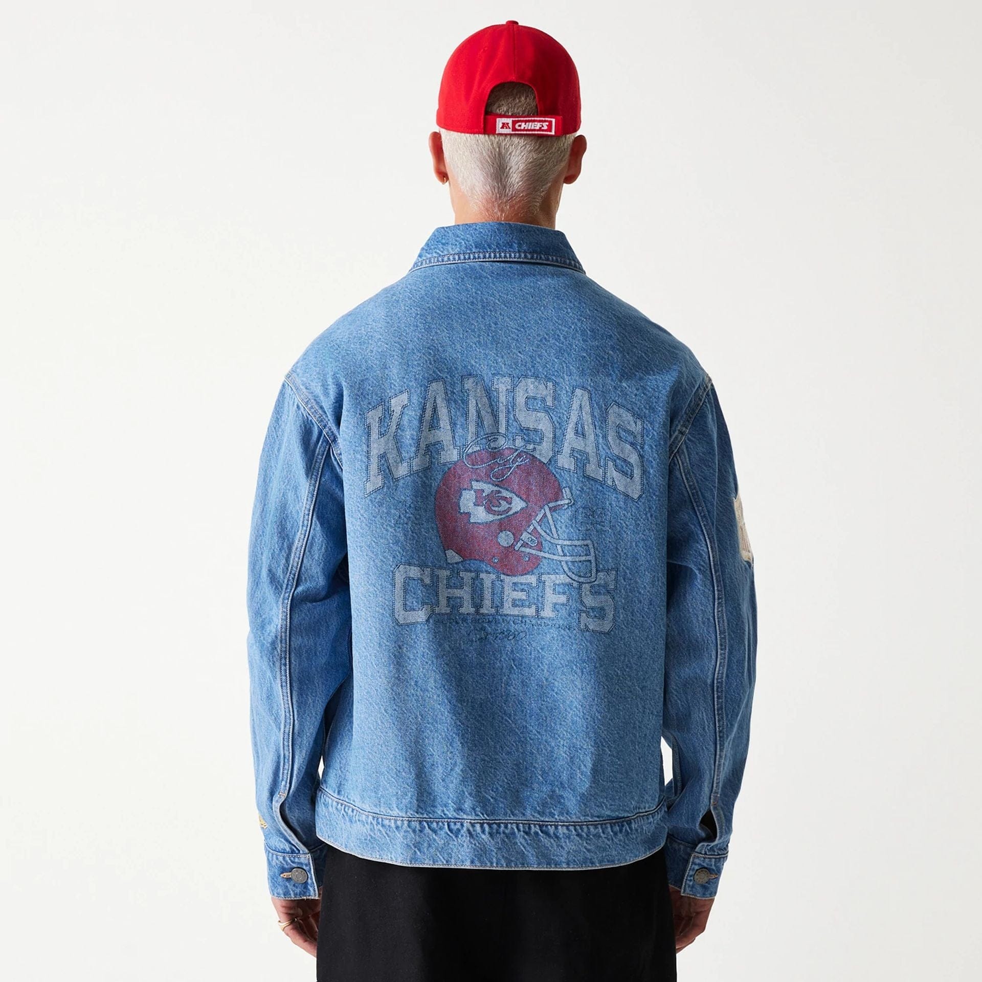 The Male model is wearing Kansas City Chiefs NFL Dark Blue Denim Jacket 5