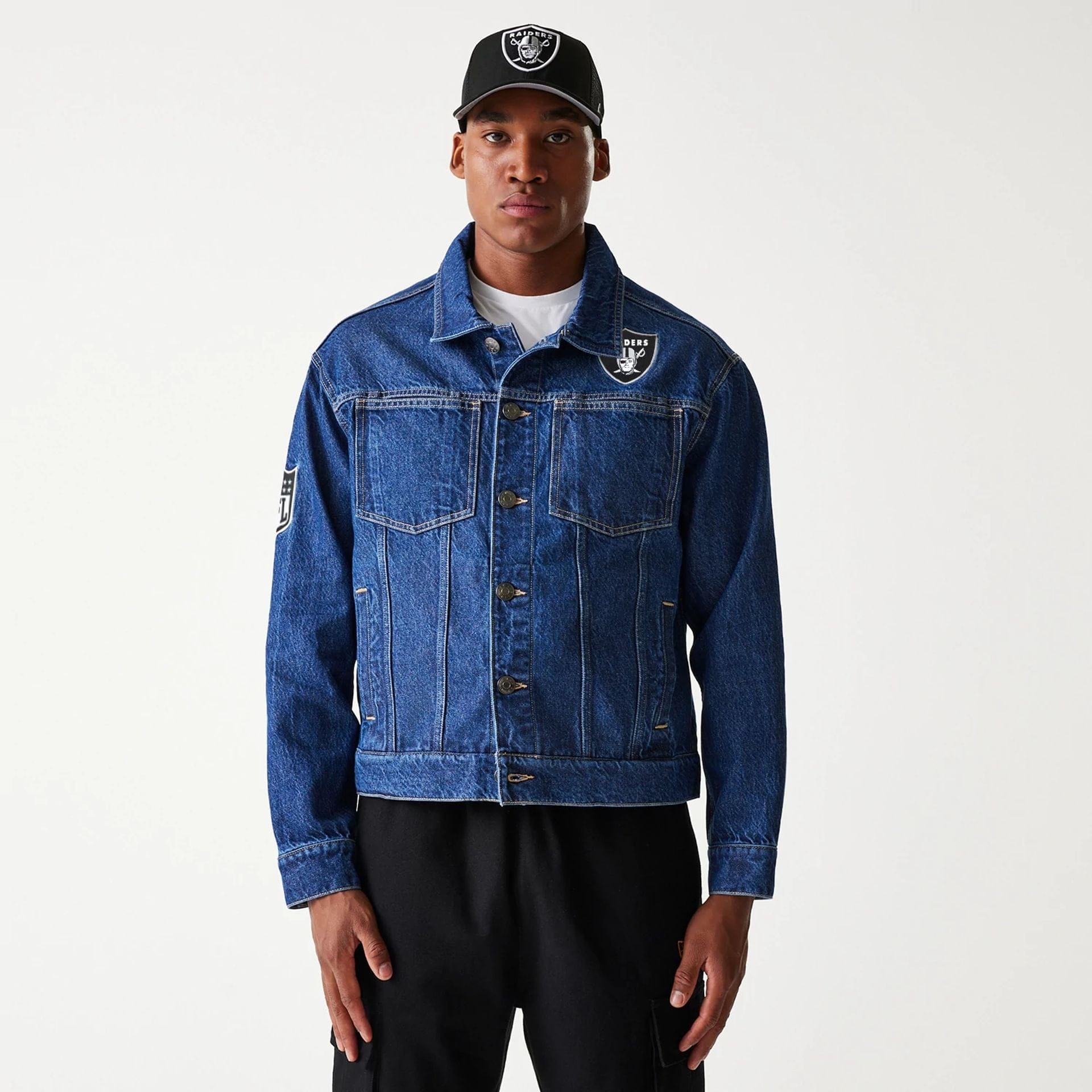 The Male model is wearing Las Vegas Raiders NFL Dark Blue Denim Jacket 2