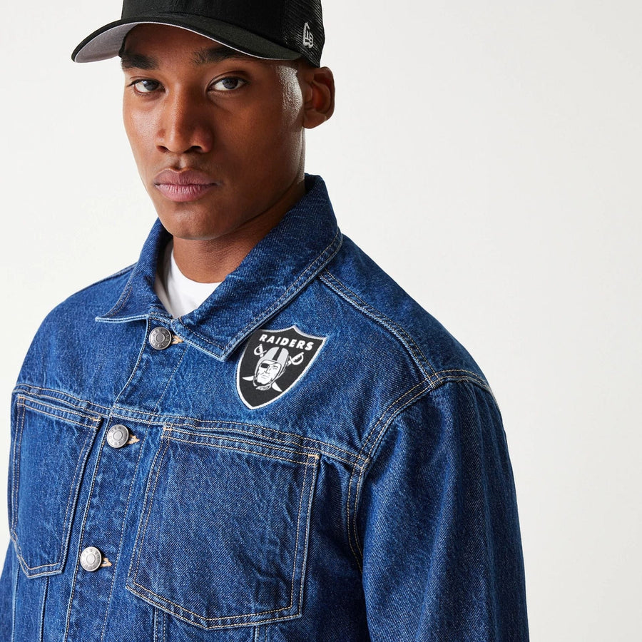 The Male model is wearing Las Vegas Raiders NFL Dark Blue Denim Jacket 5
