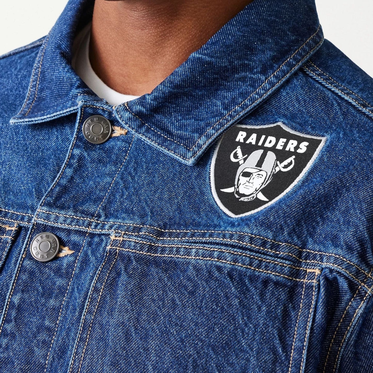 The Male model is wearing Las Vegas Raiders NFL Dark Blue Denim Jacket 6