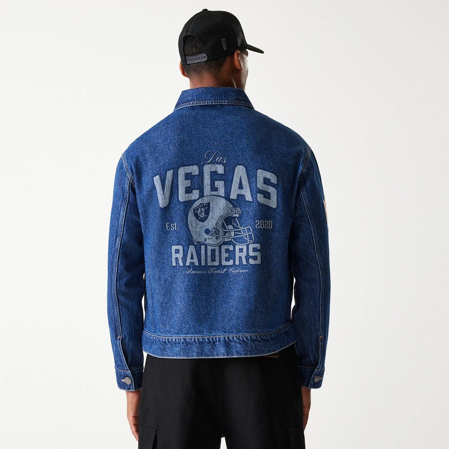 The Male model is wearing Las Vegas Raiders NFL Dark Blue Denim Jacket 3