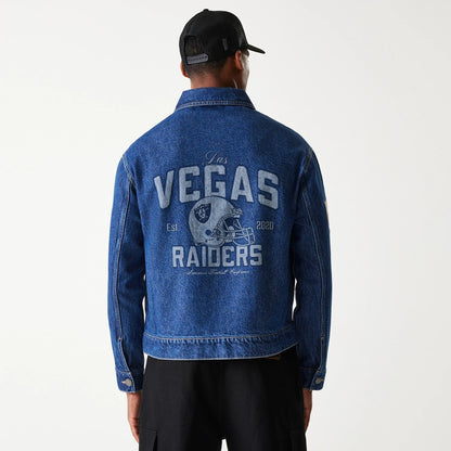The Male model is wearing Las Vegas Raiders NFL Dark Blue Denim Jacket 3