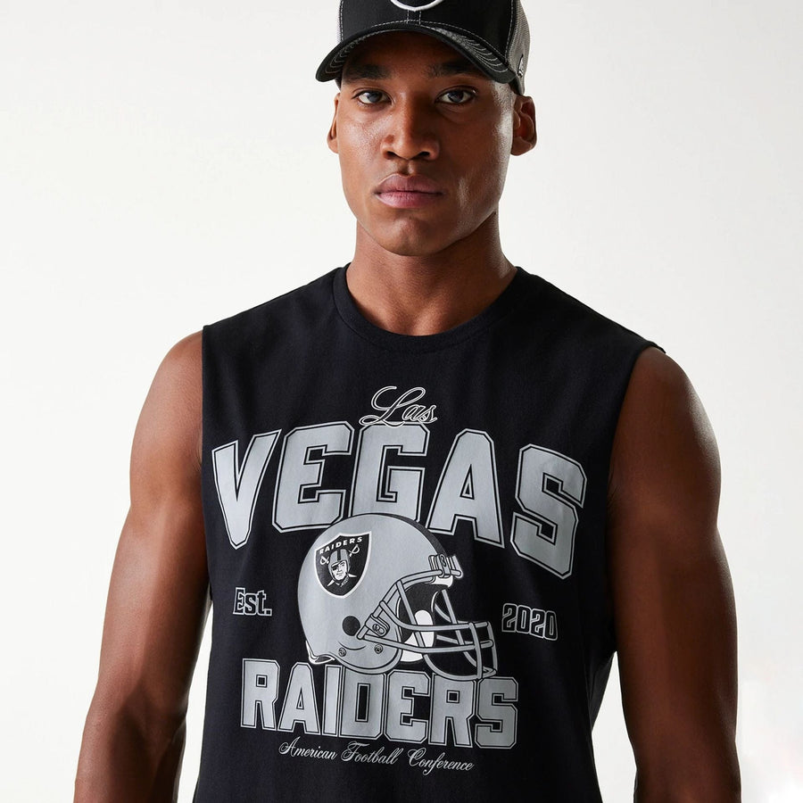 The Male model is wearing Las Vegas Raiders NFL Helmet Black Sleeveless T-Shirt 3