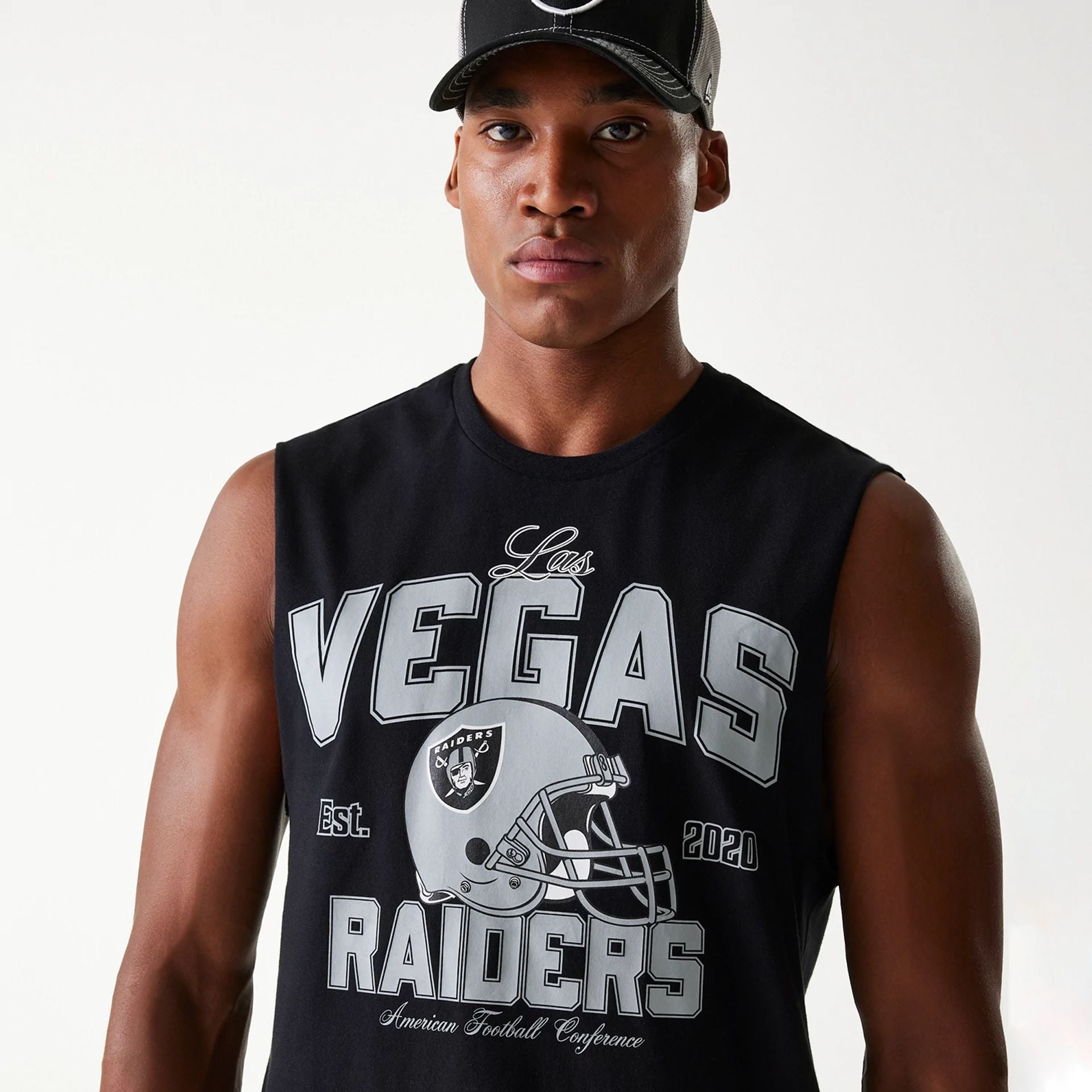 The Male model is wearing Las Vegas Raiders NFL Helmet Black Sleeveless T-Shirt 3