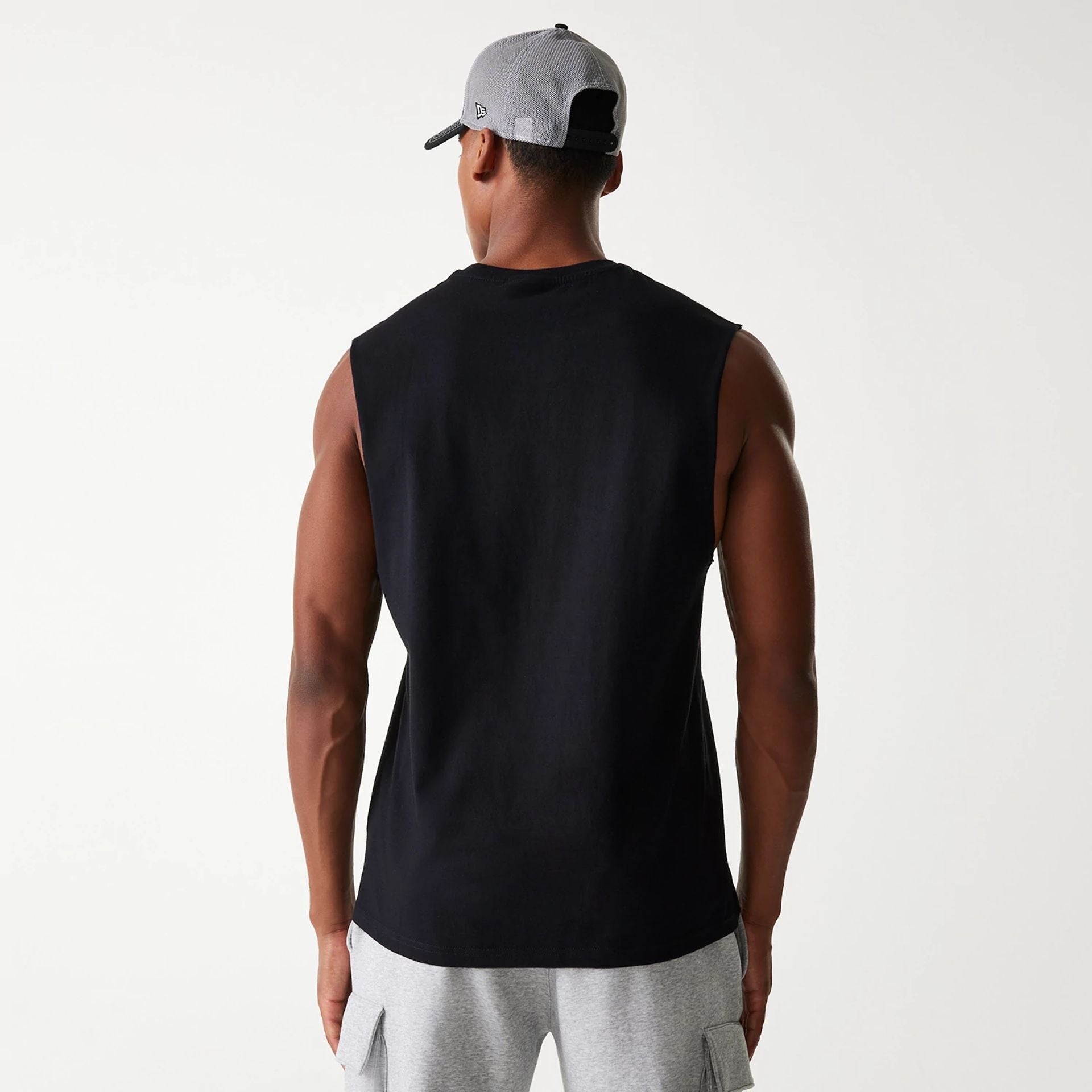 The Male model is wearing Las Vegas Raiders NFL Helmet Black Sleeveless T-Shirt 2