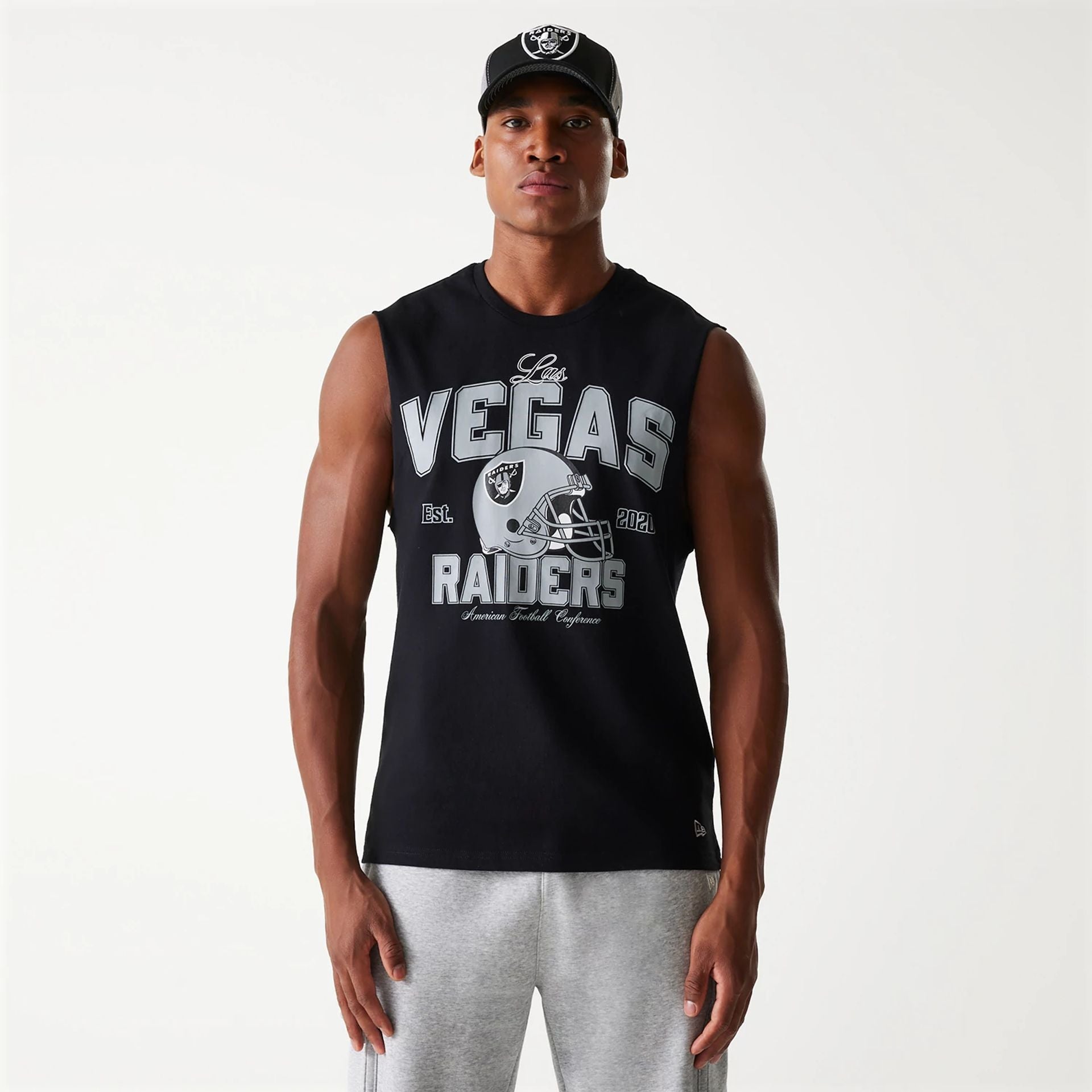 The Male model is wearing Las Vegas Raiders NFL Helmet Black Sleeveless T-Shirt 1
