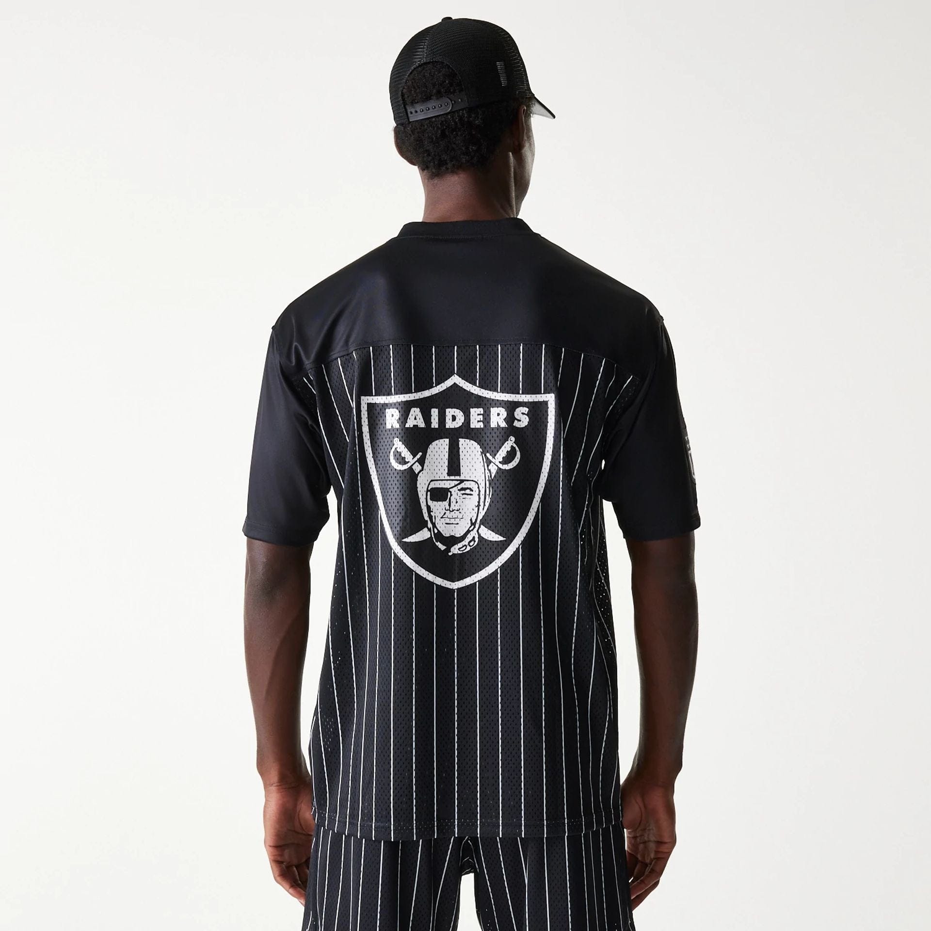 The Male model is wearing Las Vegas Raiders NFL Stripe Black Long Sleeve Jersey 2