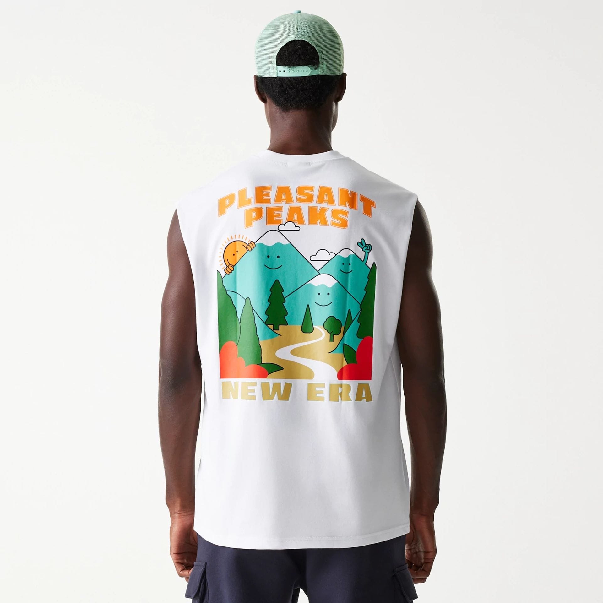 The Male model is wearing New Era Outdoor Graphic White Sleeveless T-Shirt 2