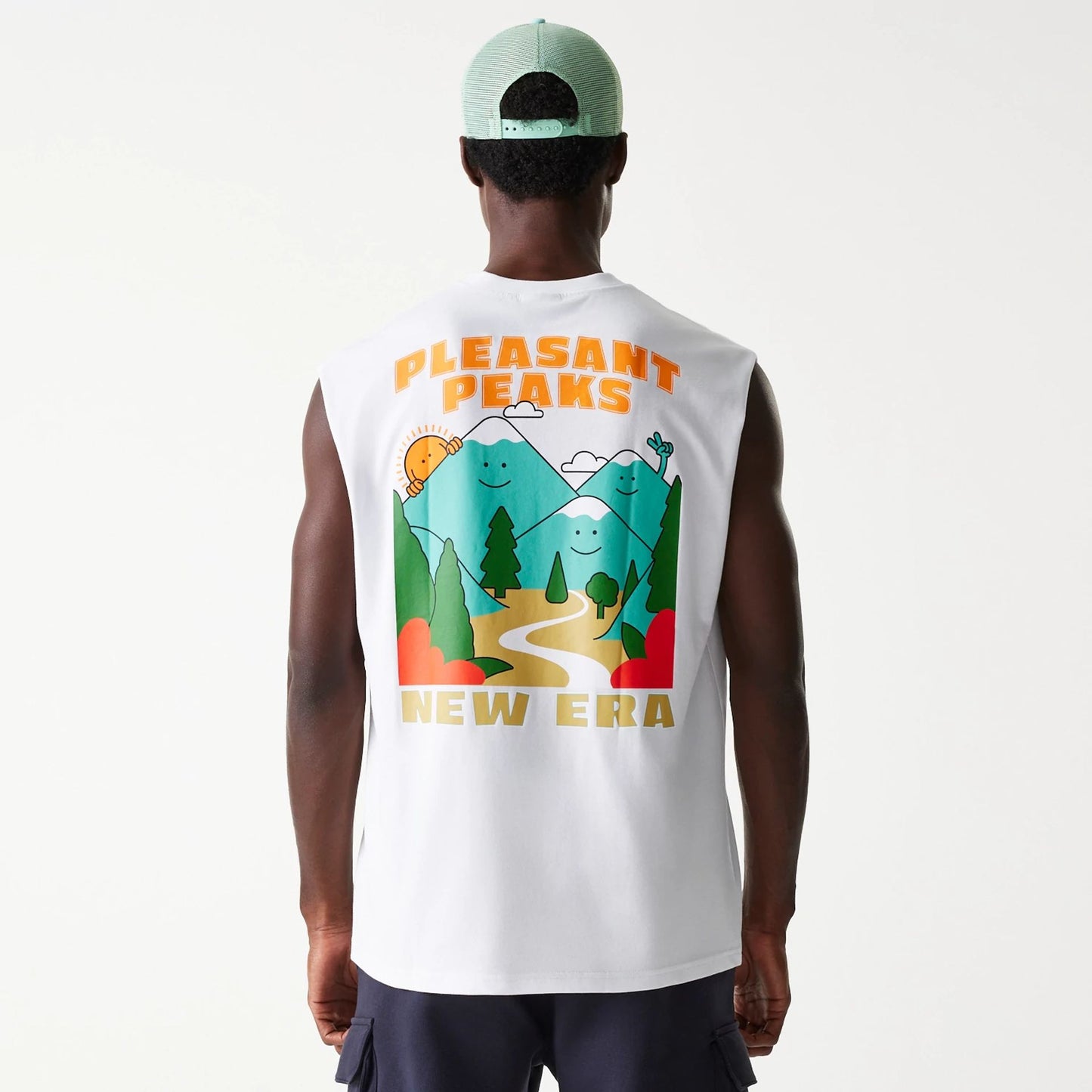 The Male model is wearing New Era Outdoor Graphic White Sleeveless T-Shirt 2