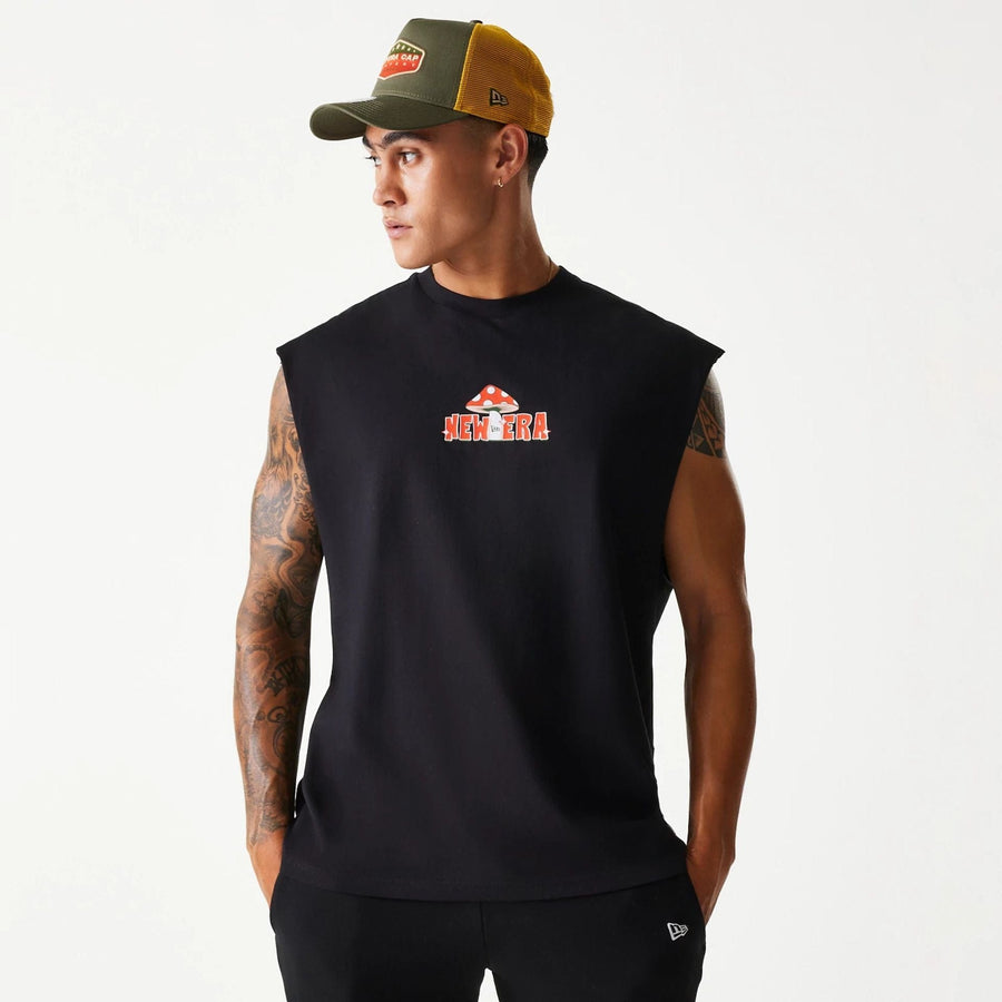 The Male model is wearing New Era Outdoor Graphic Black Sleeveless T-Shirt 1